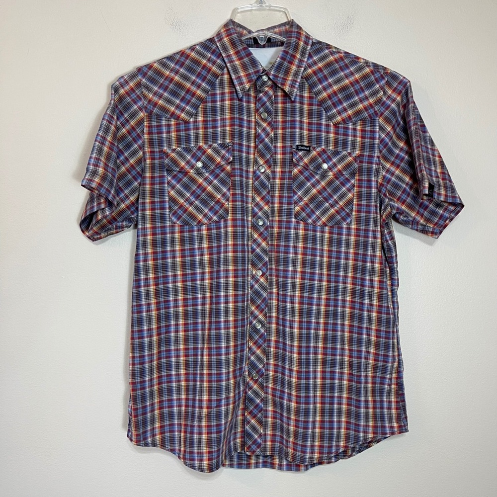 Bullhead Mens Plaid Western Pearl Snap Short Sleeve Shirt Blue Red Medium